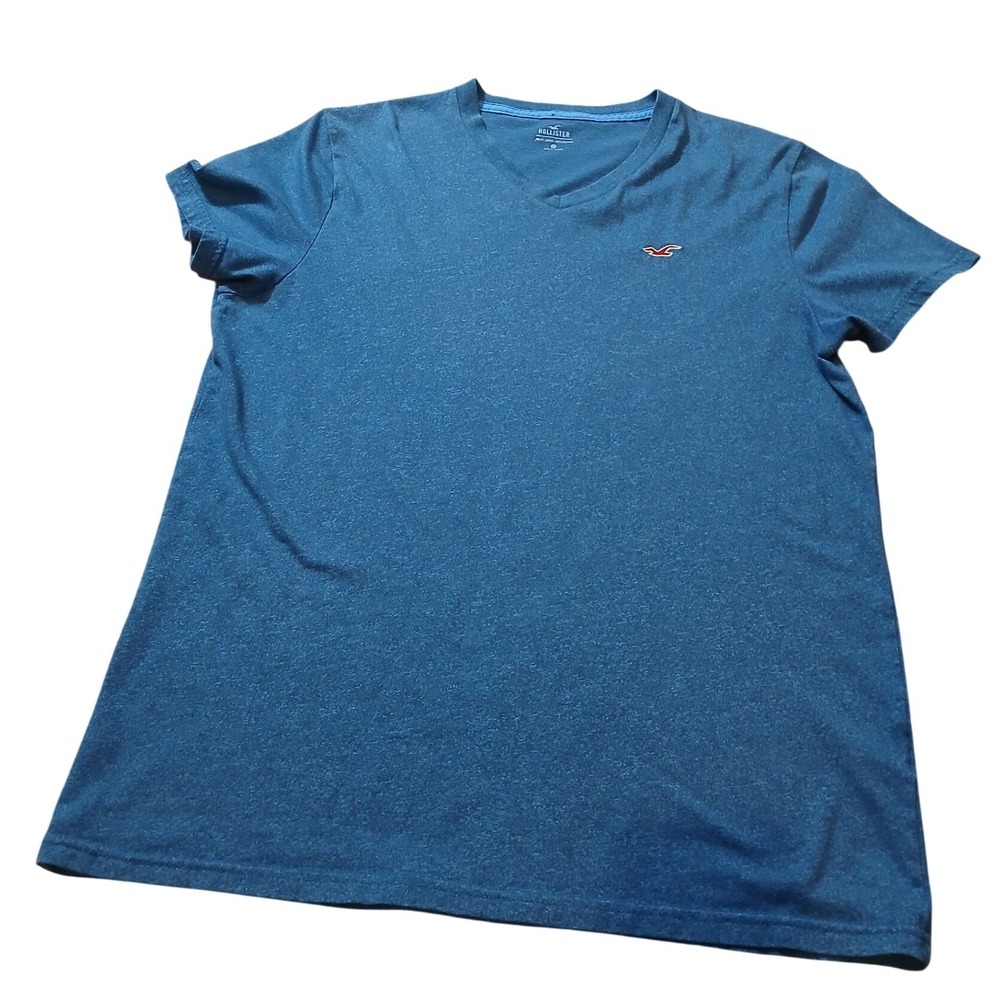 Hollister Mens V Neck T Shirt Blue Heather Short Sleeve Logo Medium